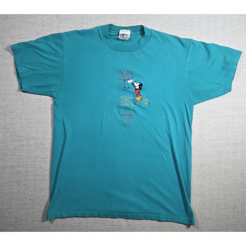 Vintage Mickey & Co Disney T Shirt Adult Large Teal Embroidered Made USA 90s